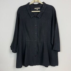 Flax Black Linen Button Up Collared Pleated Shirt L